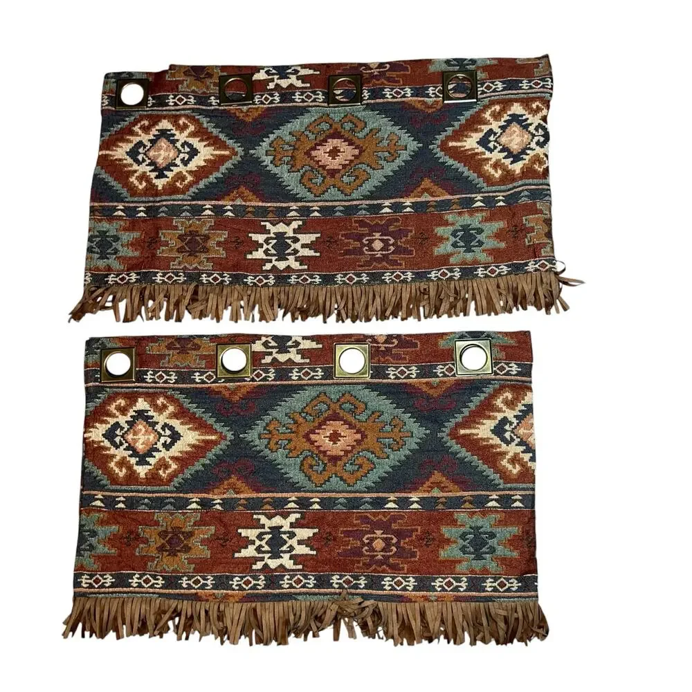 Western Aztec fringed Curtain Valances pair Southwestern Native American